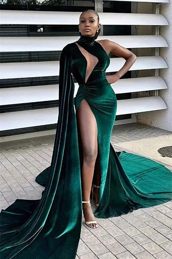 Long Mermaid High Neck High Split Velvet Sleeveless Prom Dress With Shawl-showprettydress