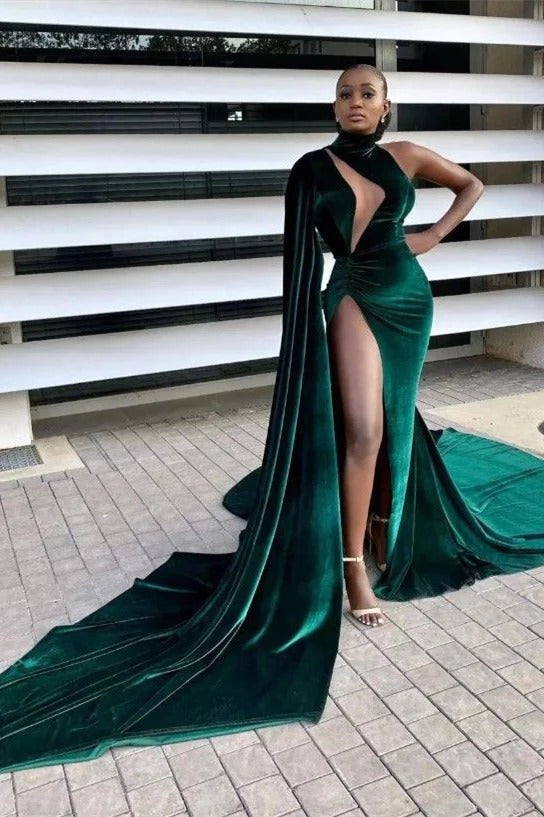 Long Mermaid High Neck High Split Velvet Sleeveless Prom Dress With Shawl-showprettydress