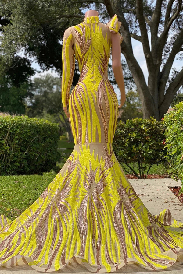 Long Mermaid High Neck One Shoulder Sequined Lace Prom Dress with Sleeves-showprettydress