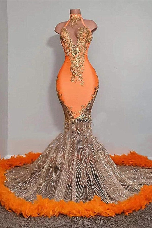 Long Mermaid High Neck Sleeveless Appliques Lace Prom Dress With Feather-showprettydress