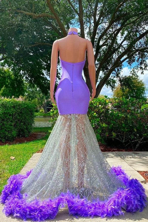 Long Mermaid High Neck Sleeveless Open Back Appliques Lace Beaded Prom Dress With Feather-showprettydress