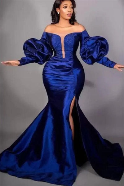 Long Mermaid High Split Strapless Bubble Sleeves Floor-length Satin Prom Dress-showprettydress