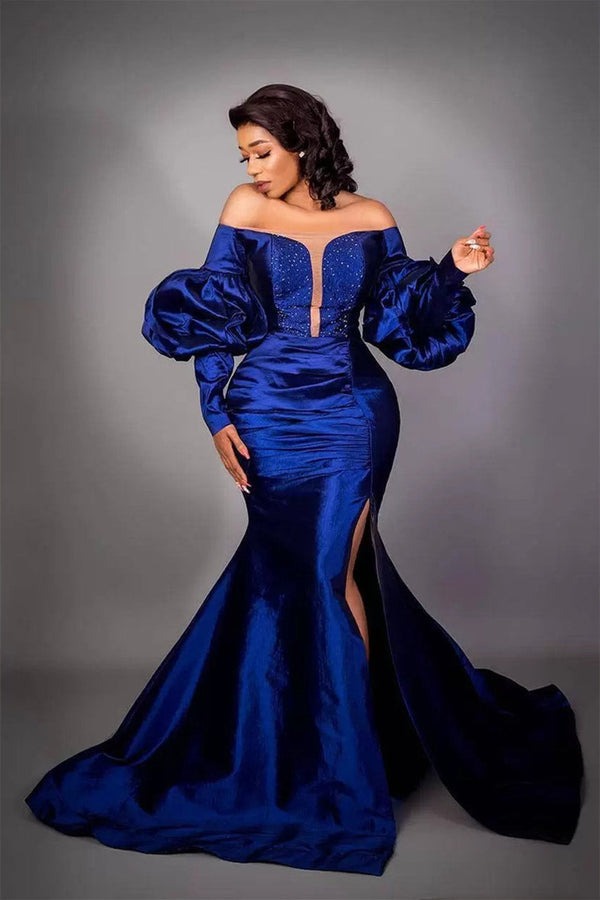 Long Mermaid High Split Strapless Bubble Sleeves Floor-length Satin Prom Dress-showprettydress