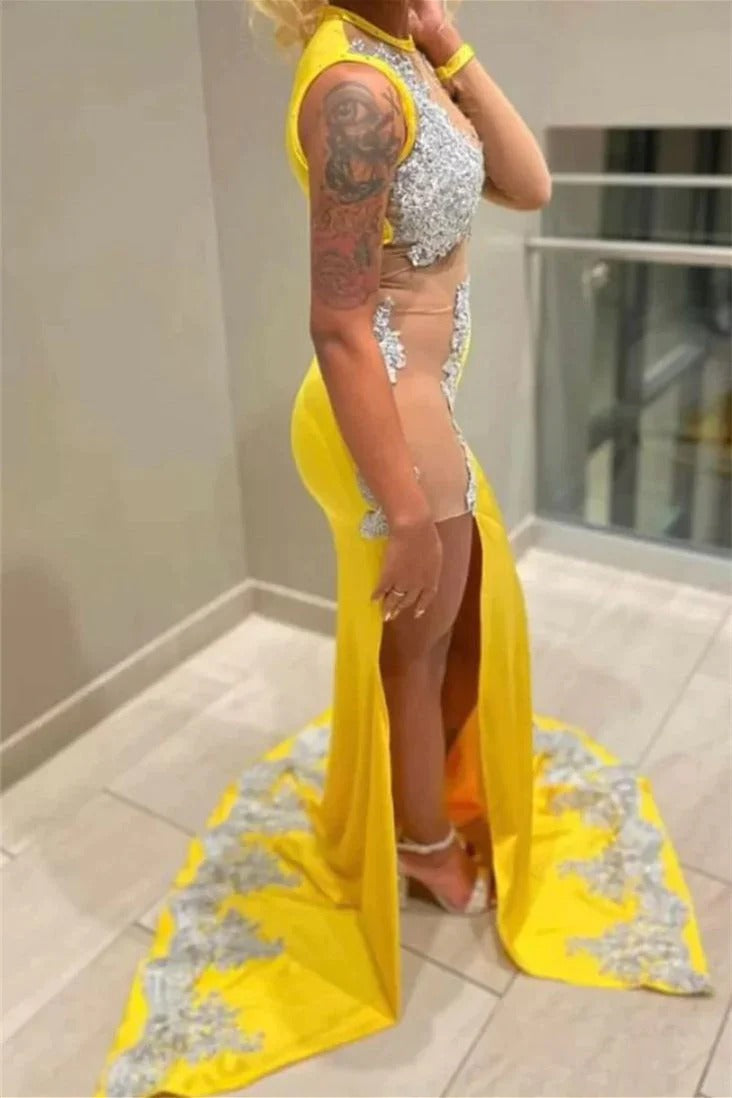 Long Mermaid Jewel Lace Applique Sequined Sleeveless Prom Dress with Slit-showprettydress
