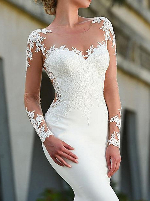 Long Mermaid Jewel Neck Backless Wedding Dresses with Sleeves-showprettydress
