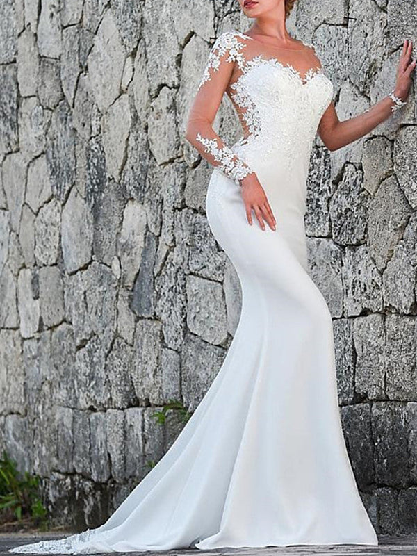 Long Mermaid Jewel Neck Backless Wedding Dresses with Sleeves-showprettydress