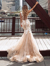 Long Mermaid Jewel Neck Chapel Train Lace Tulle Backless Wedding Dresses-showprettydress