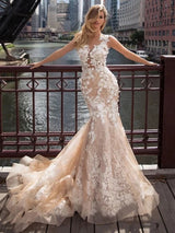 Long Mermaid Jewel Neck Chapel Train Lace Tulle Backless Wedding Dresses-showprettydress