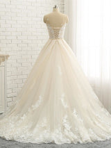Long Mermaid Jewel Neck Chapel Train Tulle Lace Wedding Dresses-showprettydress