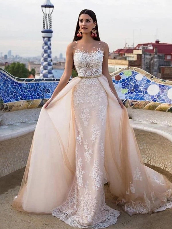 Long Mermaid Jewel Neck Chapel Train Tulle Lace Wedding Dresses-showprettydress