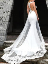 Long Mermaid Jewel Neck Lace Tulle Chiffon Wedding Dresses-showprettydress