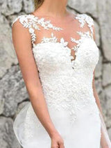 Long Mermaid Jewel Neck Lace Tulle Chiffon Wedding Dresses-showprettydress