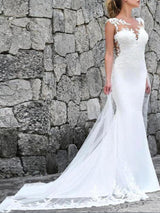 Long Mermaid Jewel Neck Lace Tulle Chiffon Wedding Dresses-showprettydress