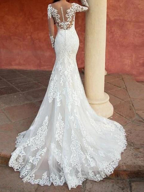 Long Mermaid Jewel Neck Sweep Brush Train Lace Tulle Wedding Dresses with Sleeves-showprettydress