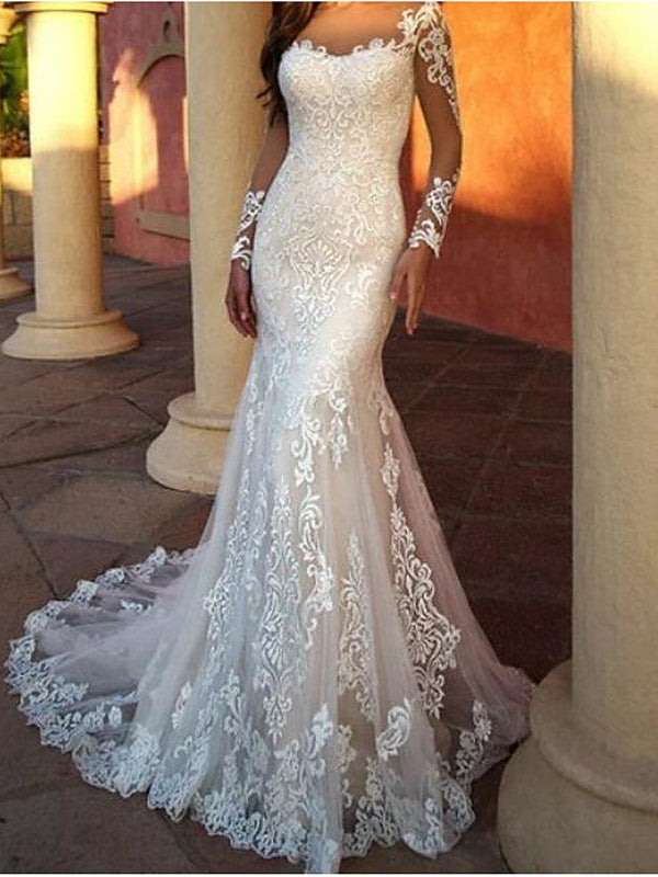 Long Mermaid Jewel Neck Sweep Brush Train Lace Tulle Wedding Dresses with Sleeves-showprettydress