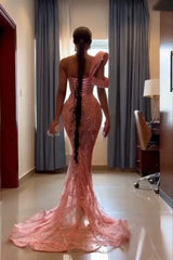 Long Mermaid Jewel One Shoulder Sleeveless Appliques Lace Sequined Prom Dress-showprettydress