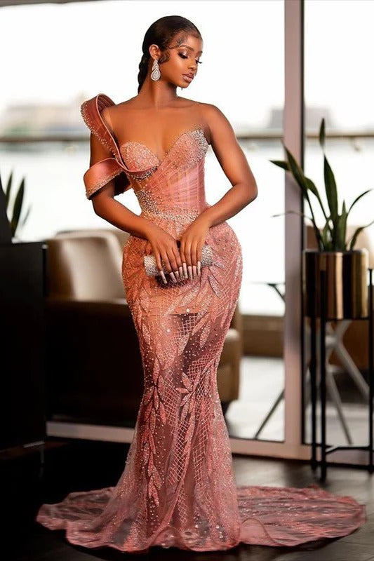 Long Mermaid Jewel One Shoulder Sleeveless Appliques Lace Sequined Prom Dress-showprettydress