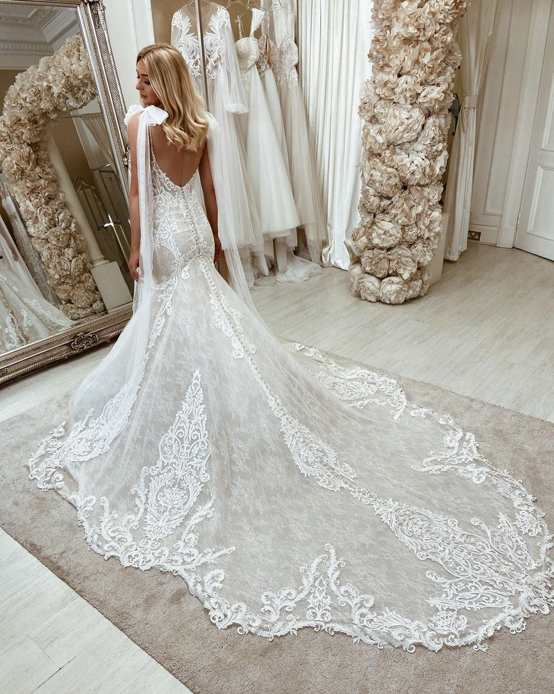 Long Mermaid Lace Sweetheart Backless Wedding Dress with Sweep Train-showprettydress