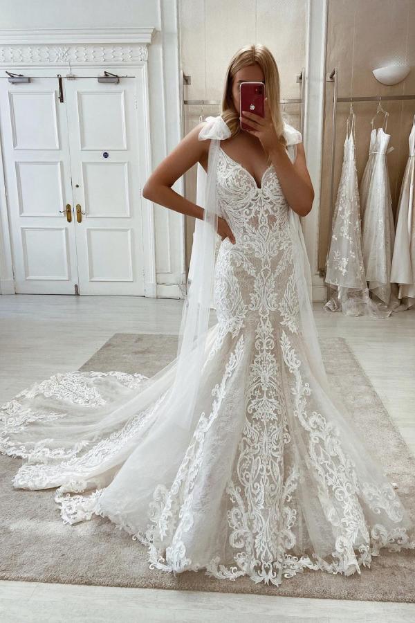 Long Mermaid Lace Sweetheart Backless Wedding Dress with Sweep Train-showprettydress