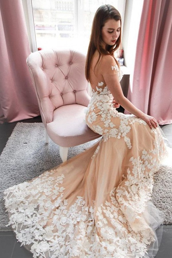 Long Mermaid Off-the-Shoulder Appliques Lace Backless Wedding Dress-showprettydress