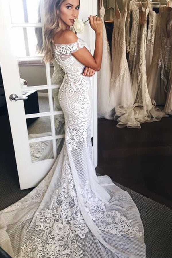 Long Mermaid Off The Shoulder Appliques Sweep Train Wedding Dress-showprettydress