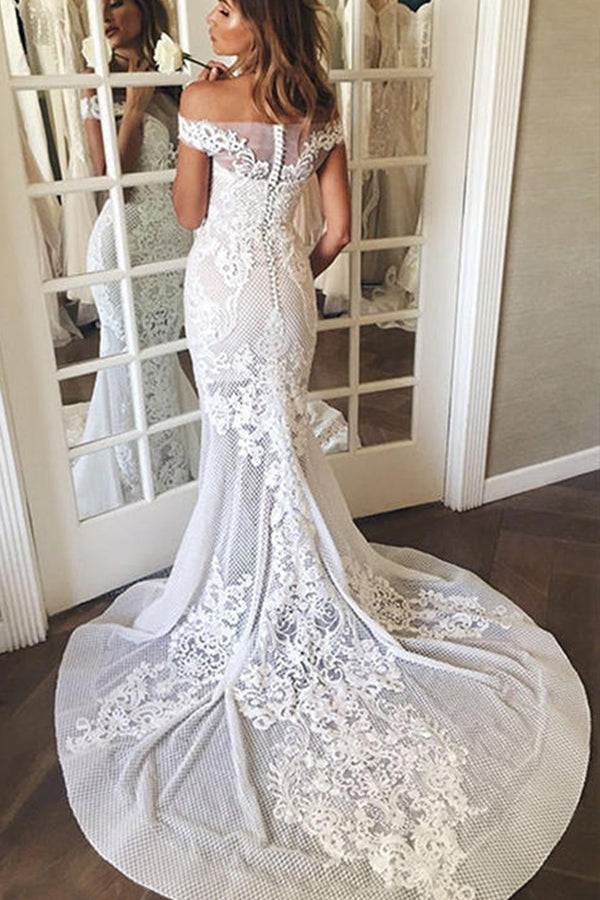Long Mermaid Off The Shoulder Appliques Sweep Train Wedding Dress-showprettydress