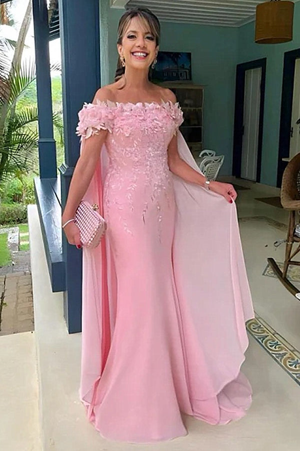 Long Mermaid Off the shoulder Cap sleeves Flowers Formal Prom Dresses-showprettydress