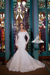 Long Mermaid Off-the-Shoulder Detachable Wedding Dresses With Sleeves-showprettydress