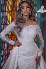 Long Mermaid Off-the-Shoulder Detachable Wedding Dresses With Sleeves-showprettydress