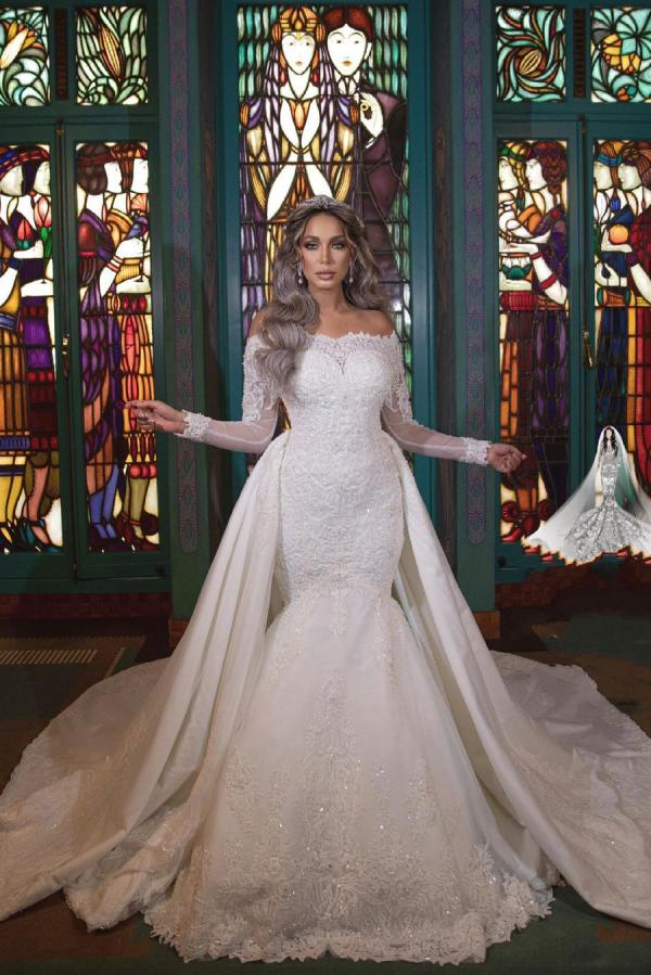 Long Mermaid Off-the-Shoulder Detachable Wedding Dresses With Sleeves-showprettydress