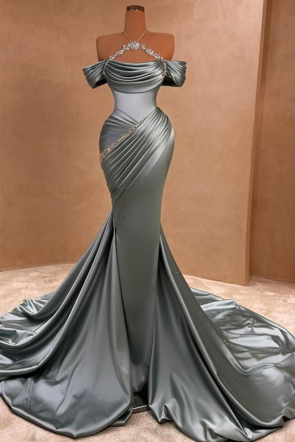 Long Mermaid Off the shoulder Gray Satin Prom Dresses with Cap sleeves-showprettydress