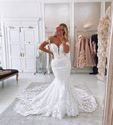 Long Mermaid Off-the-shoulder Lace Backless Wedding Dress-showprettydress