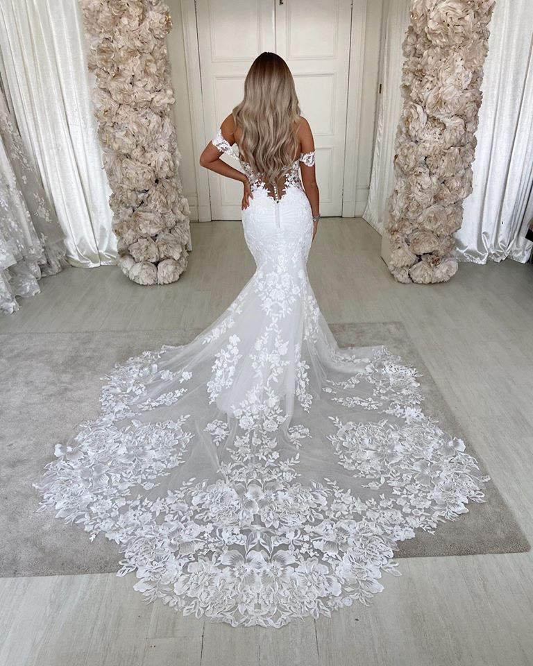 Long Mermaid Off-the-shoulder Lace Backless Wedding Dress-showprettydress