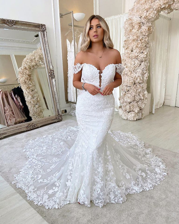 Long Mermaid Off-the-shoulder Lace Backless Wedding Dress-showprettydress