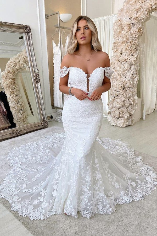Long Mermaid Off-the-shoulder Lace Backless Wedding Dress-showprettydress