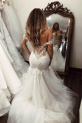 Long Mermaid Off the Shoulder Lace Backless Wedding Dresses-showprettydress