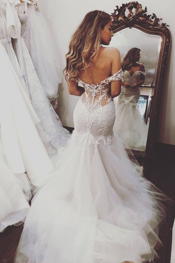 Long Mermaid Off the Shoulder Lace Backless Wedding Dresses-showprettydress