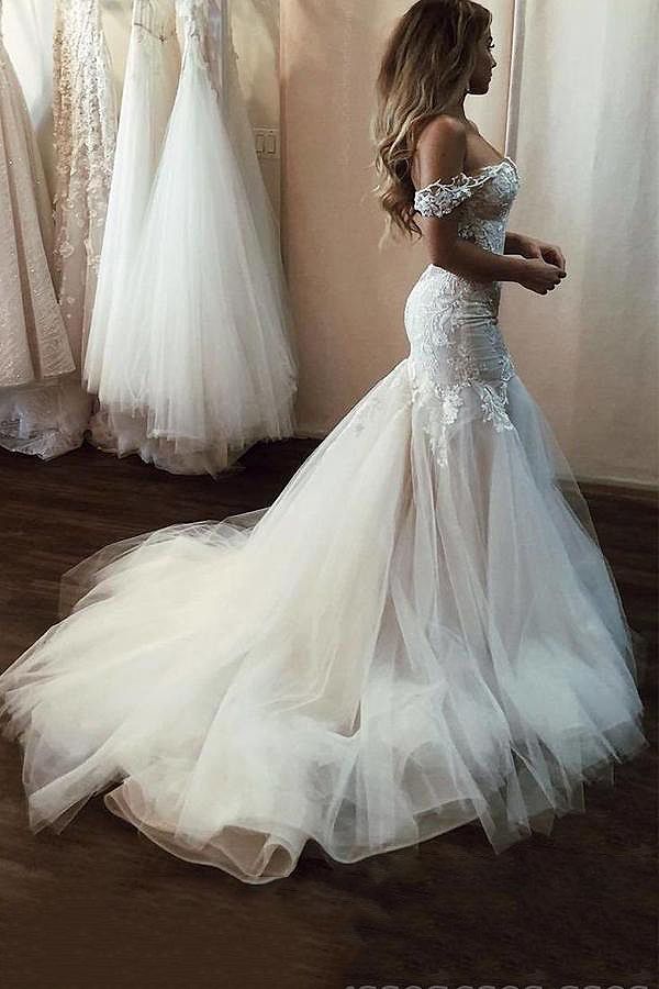 Long Mermaid Off the Shoulder Lace Backless Wedding Dresses-showprettydress