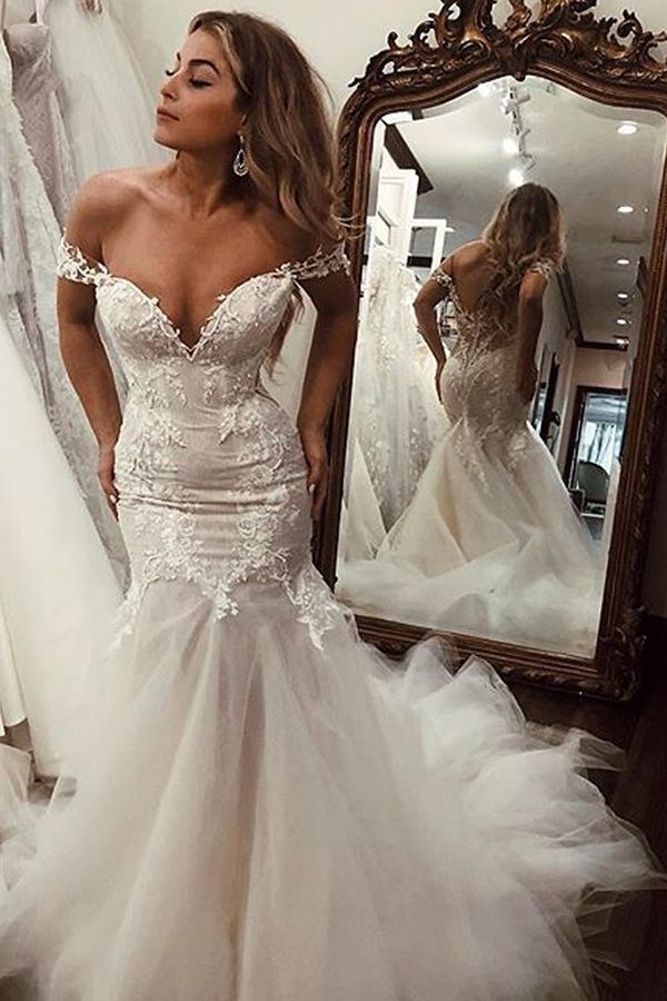 Long Mermaid Off the Shoulder Lace Backless Wedding Dresses-showprettydress