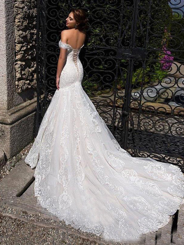 Long Mermaid Off the Shoulder Lace Tulle Wedding Dresses-showprettydress