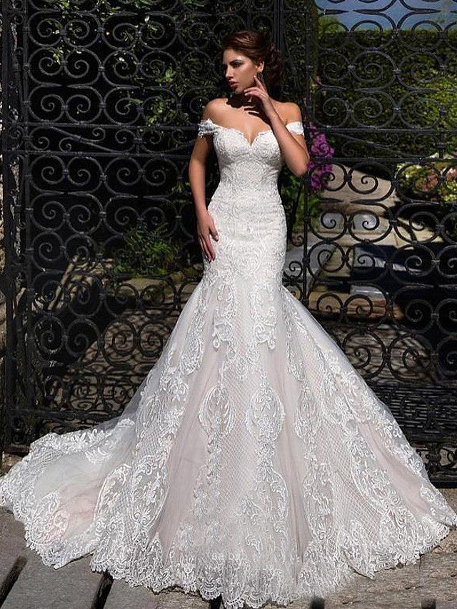 Long Mermaid Off the Shoulder Lace Tulle Wedding Dresses-showprettydress