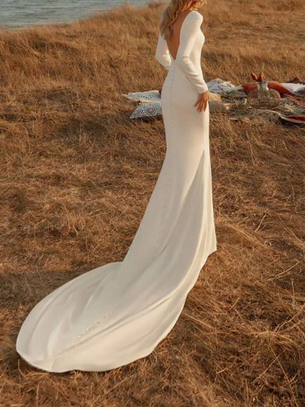 Long Mermaid Off the Shoulder Satin Backless Wedding Dresses with Sleeves-showprettydress