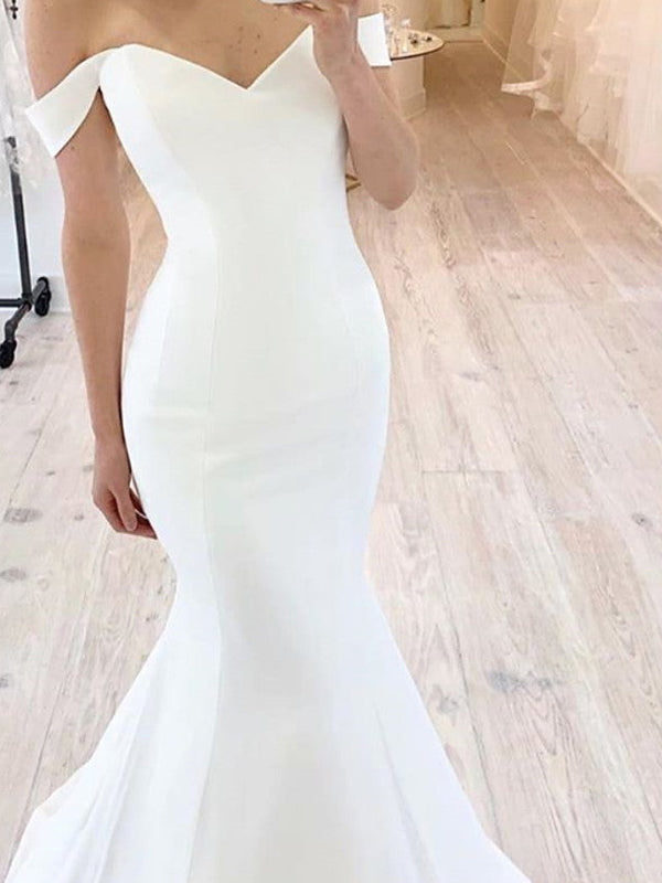 Long Mermaid Off the Shoulder Satin Wedding Dresses-showprettydress