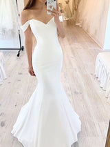 Long Mermaid Off the Shoulder Satin Wedding Dresses-showprettydress