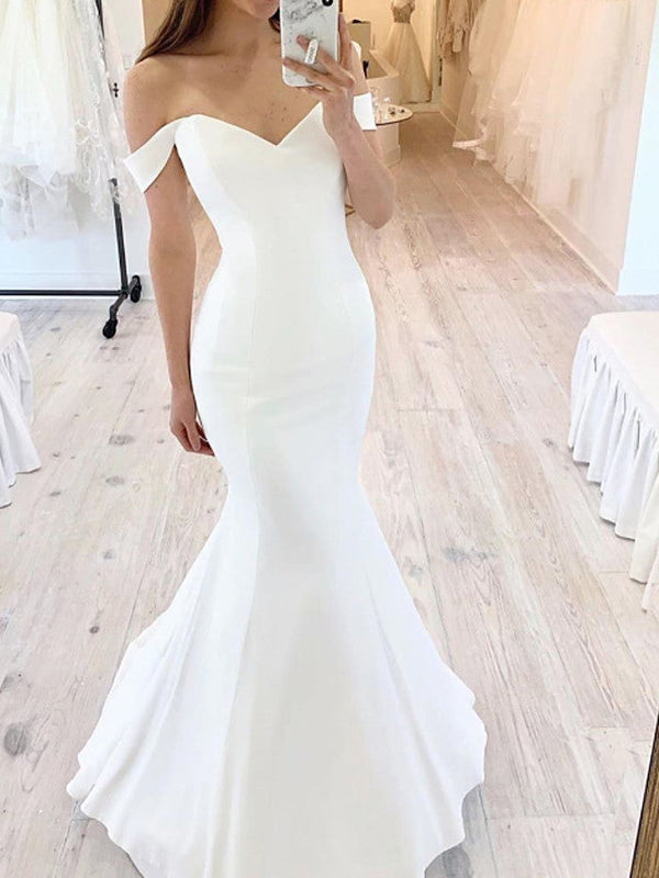 Long Mermaid Off the Shoulder Satin Wedding Dresses-showprettydress