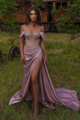 Long Mermaid Off-the-Shoulder Sweetheart Prom Dress Split With Beadings-showprettydress