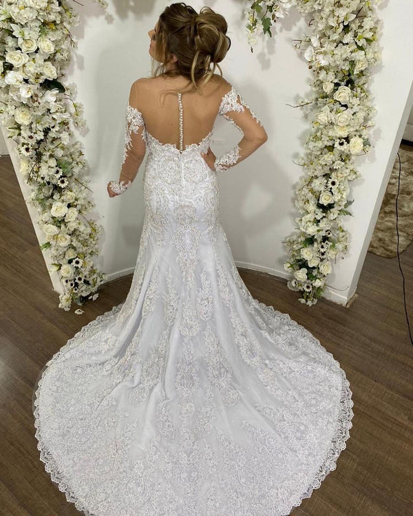 Long Mermaid Off-the-shoulder Tulle Lace Backless Wedding Dress with sleeve-showprettydress