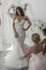 Long Mermaid Off-the-Shoulder Tulle Lace Wedding Dresses-showprettydress