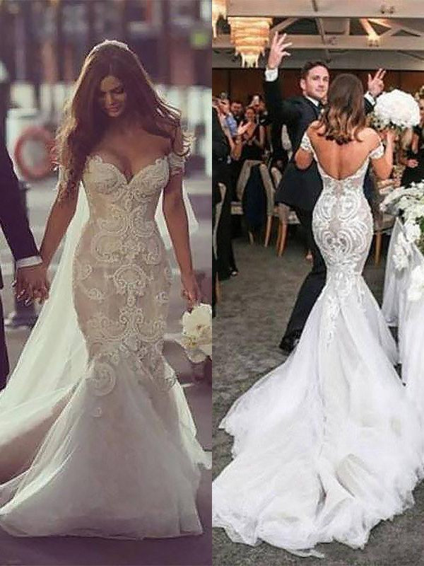 Long Mermaid Off-the-Shoulder Tulle Lace Wedding Dresses-showprettydress