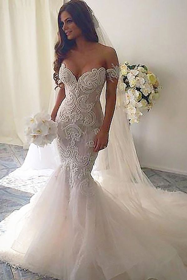 Long Mermaid Off-the-Shoulder Tulle Lace Wedding Dresses-showprettydress